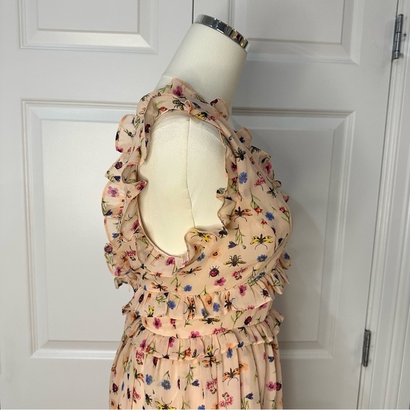 Betsey Johnson Peach Bug Floral Ruffle Tiered V-Neck Whimsical Midi Dress Size 8 - Picture 10 of 16